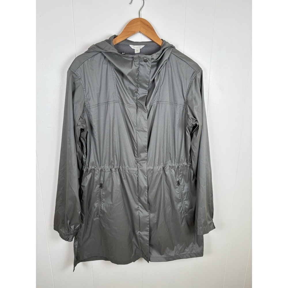 Garnet Hill Size Large Grey Full Zip Cinch Jacket Hooded Rain Coat Wind Breaker